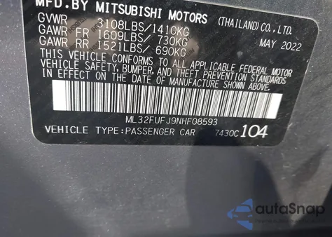 2022 Mitsubishi Mirage G4 Black Edition z USA, uszkodzony, nr VIN ML32FUFJ9NHF08593
